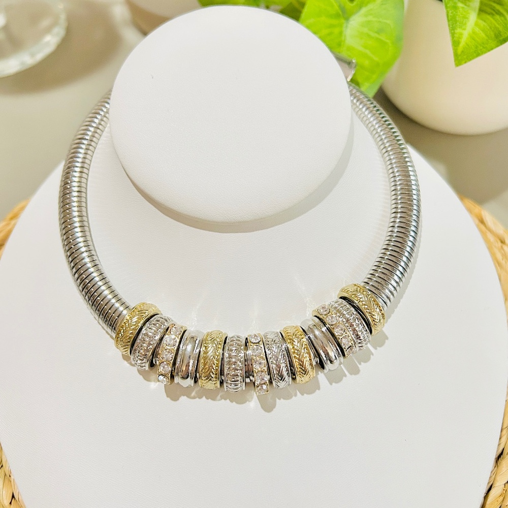 Sparkling Silver Tone Omega Necklace With Mixed Metal Tone Slide Charms